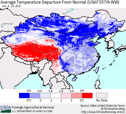 China, Mongolia and Taiwan Average Temperature Departure from Normal (USAF 557th WW) Thematic Map For 1/4/2021 - 1/10/2021