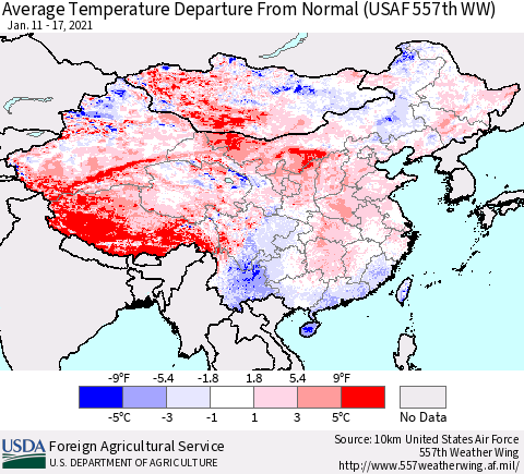 China, Mongolia and Taiwan Average Temperature Departure from Normal (USAF 557th WW) Thematic Map For 1/11/2021 - 1/17/2021