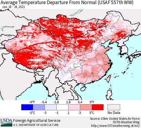China, Mongolia and Taiwan Average Temperature Departure from Normal (USAF 557th WW) Thematic Map For 1/18/2021 - 1/24/2021