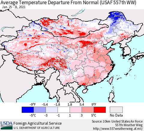 China, Mongolia and Taiwan Average Temperature Departure from Normal (USAF 557th WW) Thematic Map For 1/25/2021 - 1/31/2021
