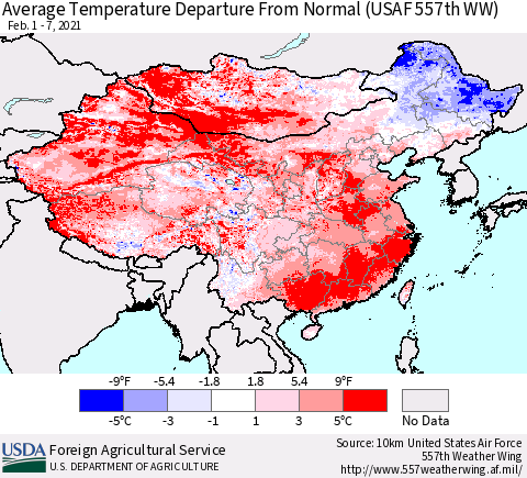 China, Mongolia and Taiwan Average Temperature Departure from Normal (USAF 557th WW) Thematic Map For 2/1/2021 - 2/7/2021