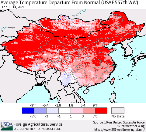 China, Mongolia and Taiwan Average Temperature Departure from Normal (USAF 557th WW) Thematic Map For 2/8/2021 - 2/14/2021