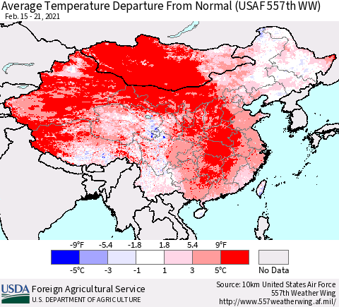 China, Mongolia and Taiwan Average Temperature Departure from Normal (USAF 557th WW) Thematic Map For 2/15/2021 - 2/21/2021