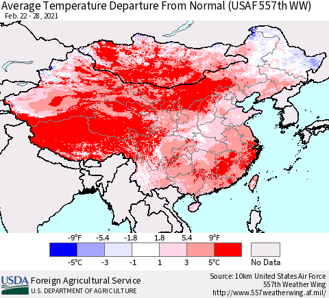 China, Mongolia and Taiwan Average Temperature Departure from Normal (USAF 557th WW) Thematic Map For 2/22/2021 - 2/28/2021