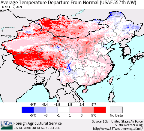 China, Mongolia and Taiwan Average Temperature Departure from Normal (USAF 557th WW) Thematic Map For 3/1/2021 - 3/7/2021