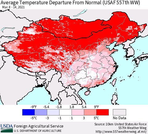 China, Mongolia and Taiwan Average Temperature Departure from Normal (USAF 557th WW) Thematic Map For 3/8/2021 - 3/14/2021