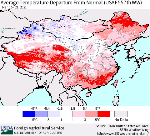 China, Mongolia and Taiwan Average Temperature Departure from Normal (USAF 557th WW) Thematic Map For 3/15/2021 - 3/21/2021