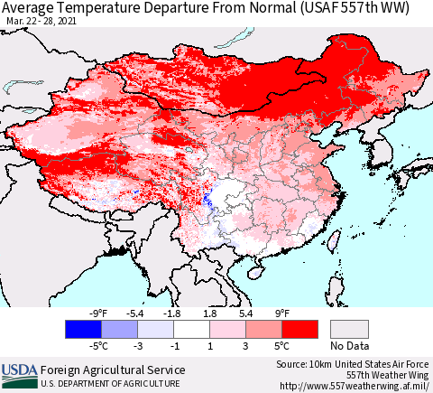 China, Mongolia and Taiwan Average Temperature Departure from Normal (USAF 557th WW) Thematic Map For 3/22/2021 - 3/28/2021