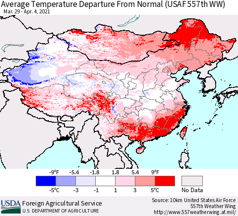 China, Mongolia and Taiwan Average Temperature Departure from Normal (USAF 557th WW) Thematic Map For 3/29/2021 - 4/4/2021