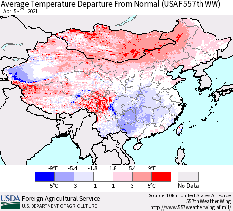 China, Mongolia and Taiwan Average Temperature Departure from Normal (USAF 557th WW) Thematic Map For 4/5/2021 - 4/11/2021