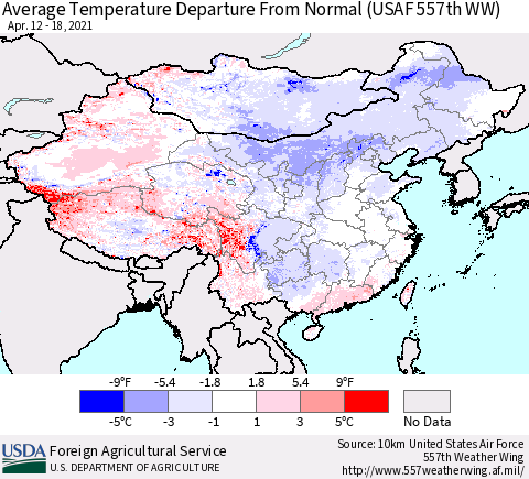 China, Mongolia and Taiwan Average Temperature Departure from Normal (USAF 557th WW) Thematic Map For 4/12/2021 - 4/18/2021