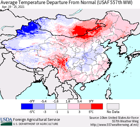 China, Mongolia and Taiwan Average Temperature Departure from Normal (USAF 557th WW) Thematic Map For 4/19/2021 - 4/25/2021