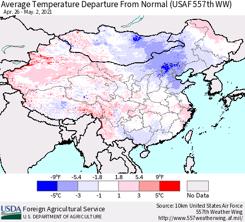 China, Mongolia and Taiwan Average Temperature Departure from Normal (USAF 557th WW) Thematic Map For 4/26/2021 - 5/2/2021