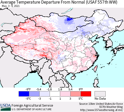 China, Mongolia and Taiwan Average Temperature Departure from Normal (USAF 557th WW) Thematic Map For 5/3/2021 - 5/9/2021