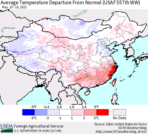 China, Mongolia and Taiwan Average Temperature Departure from Normal (USAF 557th WW) Thematic Map For 5/10/2021 - 5/16/2021