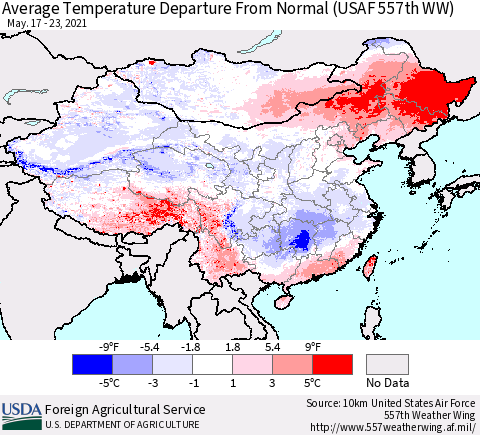 China, Mongolia and Taiwan Average Temperature Departure from Normal (USAF 557th WW) Thematic Map For 5/17/2021 - 5/23/2021