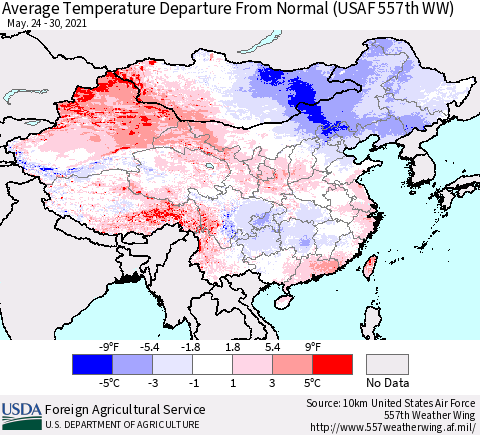 China, Mongolia and Taiwan Average Temperature Departure from Normal (USAF 557th WW) Thematic Map For 5/24/2021 - 5/30/2021