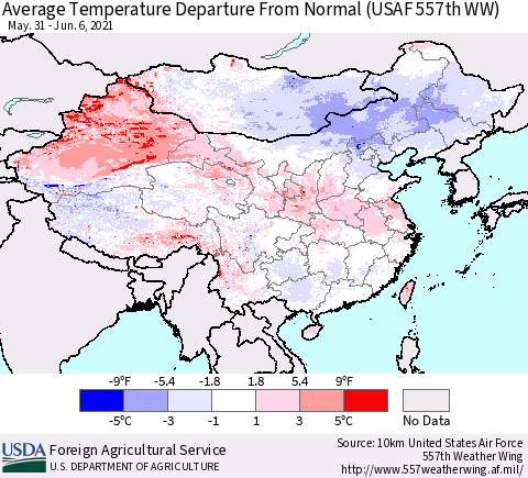 China, Mongolia and Taiwan Average Temperature Departure from Normal (USAF 557th WW) Thematic Map For 5/31/2021 - 6/6/2021