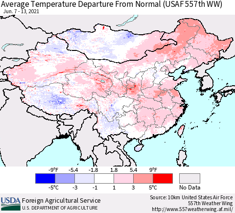 China, Mongolia and Taiwan Average Temperature Departure from Normal (USAF 557th WW) Thematic Map For 6/7/2021 - 6/13/2021