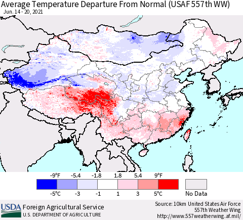 China, Mongolia and Taiwan Average Temperature Departure from Normal (USAF 557th WW) Thematic Map For 6/14/2021 - 6/20/2021