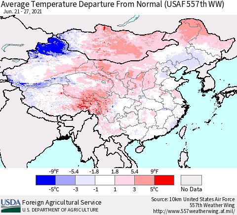 China, Mongolia and Taiwan Average Temperature Departure from Normal (USAF 557th WW) Thematic Map For 6/21/2021 - 6/27/2021