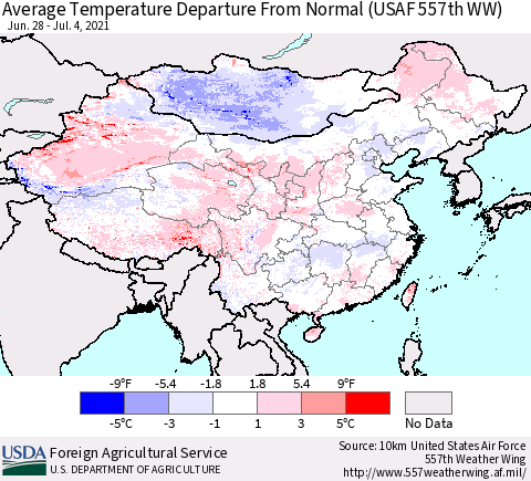 China, Mongolia and Taiwan Average Temperature Departure from Normal (USAF 557th WW) Thematic Map For 6/28/2021 - 7/4/2021
