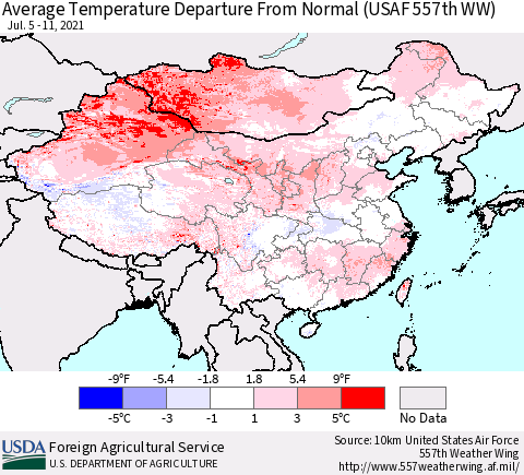 China, Mongolia and Taiwan Average Temperature Departure from Normal (USAF 557th WW) Thematic Map For 7/5/2021 - 7/11/2021