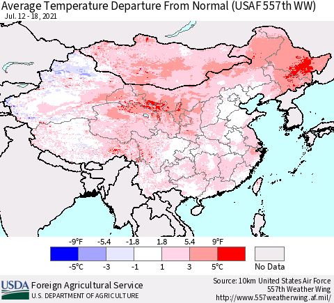 China, Mongolia and Taiwan Average Temperature Departure from Normal (USAF 557th WW) Thematic Map For 7/12/2021 - 7/18/2021