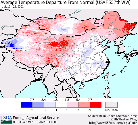 China, Mongolia and Taiwan Average Temperature Departure from Normal (USAF 557th WW) Thematic Map For 7/19/2021 - 7/25/2021