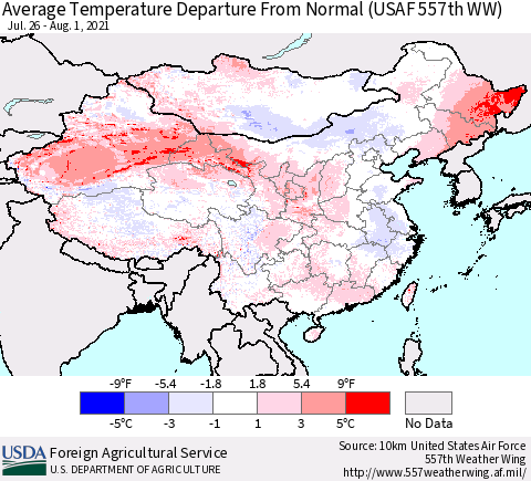 China, Mongolia and Taiwan Average Temperature Departure from Normal (USAF 557th WW) Thematic Map For 7/26/2021 - 8/1/2021