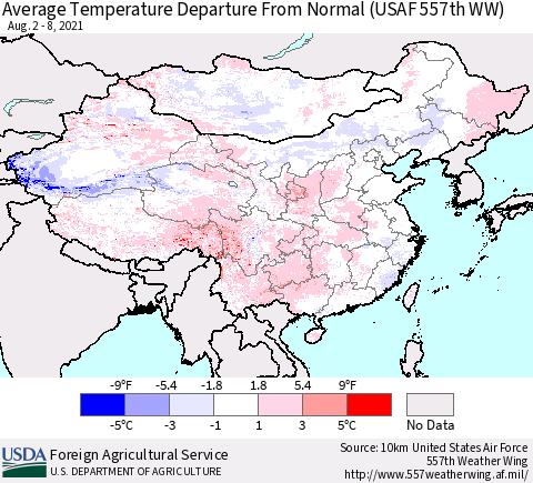 China, Mongolia and Taiwan Average Temperature Departure from Normal (USAF 557th WW) Thematic Map For 8/2/2021 - 8/8/2021