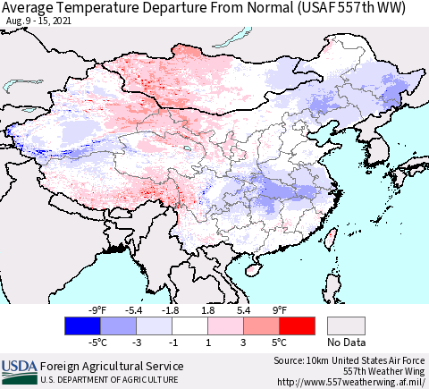China, Mongolia and Taiwan Average Temperature Departure from Normal (USAF 557th WW) Thematic Map For 8/9/2021 - 8/15/2021