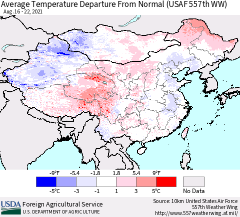 China, Mongolia and Taiwan Average Temperature Departure from Normal (USAF 557th WW) Thematic Map For 8/16/2021 - 8/22/2021