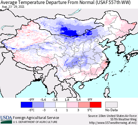 China, Mongolia and Taiwan Average Temperature Departure from Normal (USAF 557th WW) Thematic Map For 8/23/2021 - 8/29/2021