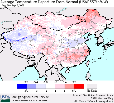 China, Mongolia and Taiwan Average Temperature Departure from Normal (USAF 557th WW) Thematic Map For 8/30/2021 - 9/5/2021