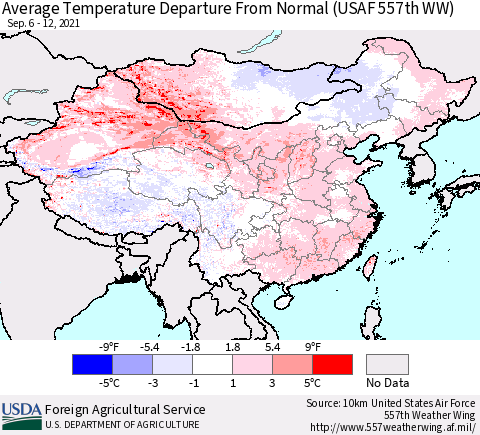 China, Mongolia and Taiwan Average Temperature Departure from Normal (USAF 557th WW) Thematic Map For 9/6/2021 - 9/12/2021