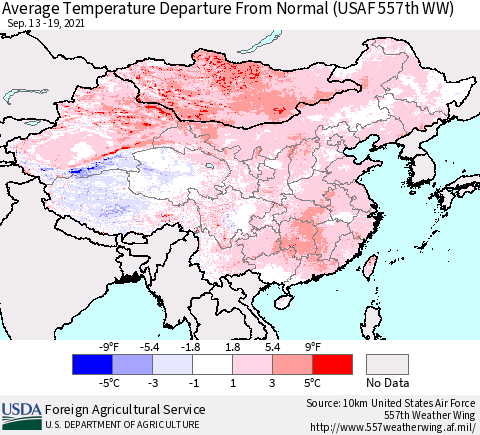China, Mongolia and Taiwan Average Temperature Departure from Normal (USAF 557th WW) Thematic Map For 9/13/2021 - 9/19/2021