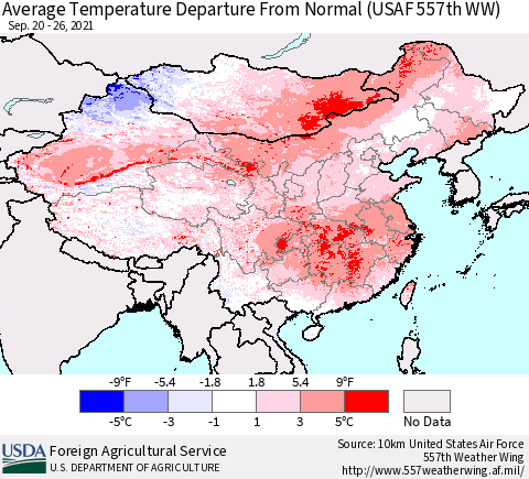 China, Mongolia and Taiwan Average Temperature Departure from Normal (USAF 557th WW) Thematic Map For 9/20/2021 - 9/26/2021