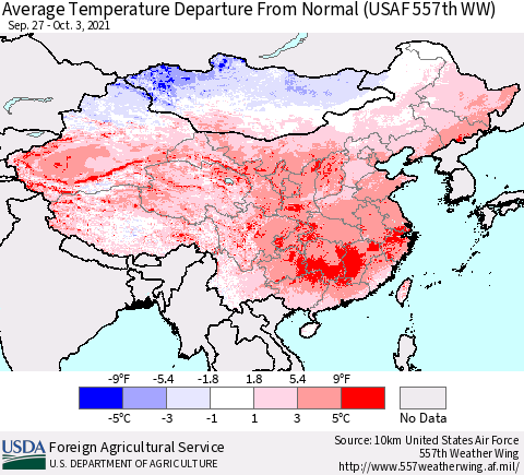 China, Mongolia and Taiwan Average Temperature Departure from Normal (USAF 557th WW) Thematic Map For 9/27/2021 - 10/3/2021