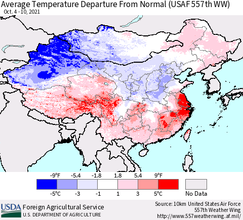China, Mongolia and Taiwan Average Temperature Departure from Normal (USAF 557th WW) Thematic Map For 10/4/2021 - 10/10/2021