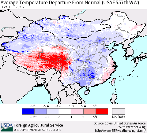 China, Mongolia and Taiwan Average Temperature Departure from Normal (USAF 557th WW) Thematic Map For 10/11/2021 - 10/17/2021