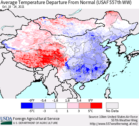 China, Mongolia and Taiwan Average Temperature Departure from Normal (USAF 557th WW) Thematic Map For 10/18/2021 - 10/24/2021