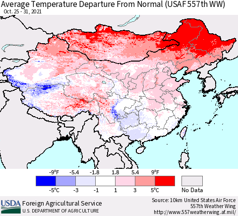 China, Mongolia and Taiwan Average Temperature Departure from Normal (USAF 557th WW) Thematic Map For 10/25/2021 - 10/31/2021