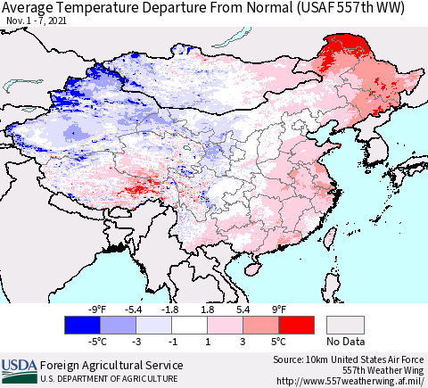 China, Mongolia and Taiwan Average Temperature Departure from Normal (USAF 557th WW) Thematic Map For 11/1/2021 - 11/7/2021