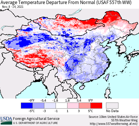 China, Mongolia and Taiwan Average Temperature Departure from Normal (USAF 557th WW) Thematic Map For 11/8/2021 - 11/14/2021