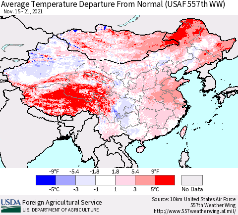 China, Mongolia and Taiwan Average Temperature Departure from Normal (USAF 557th WW) Thematic Map For 11/15/2021 - 11/21/2021