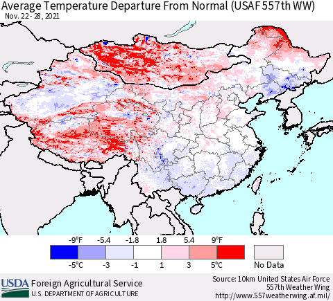 China, Mongolia and Taiwan Average Temperature Departure from Normal (USAF 557th WW) Thematic Map For 11/22/2021 - 11/28/2021