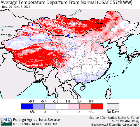 China, Mongolia and Taiwan Average Temperature Departure from Normal (USAF 557th WW) Thematic Map For 11/29/2021 - 12/5/2021