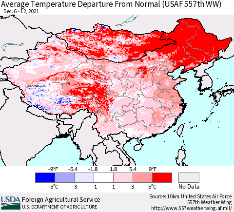 China, Mongolia and Taiwan Average Temperature Departure from Normal (USAF 557th WW) Thematic Map For 12/6/2021 - 12/12/2021