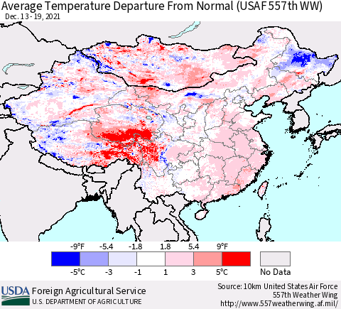 China, Mongolia and Taiwan Average Temperature Departure from Normal (USAF 557th WW) Thematic Map For 12/13/2021 - 12/19/2021